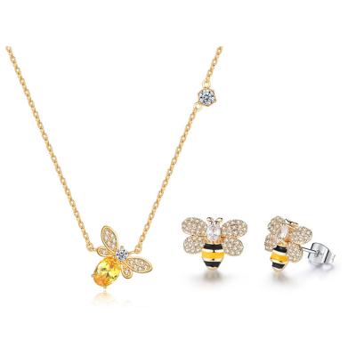 China Cute RS20JNE19 Korea High Quality Copper Alloy CZ Bee Necklace Earring 18K Light Gold Plated Zircon Jewelry Set For Women for sale