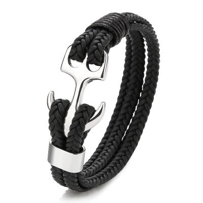 China Wholesale Handmade Genuine Leather Rope Anchor Stainless Steel Bracelets New Design Casual/Sports For Women Men for sale