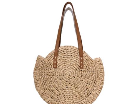 China Straw Round Material Straw Weaving PU Brown Leather Tote Bag for sale