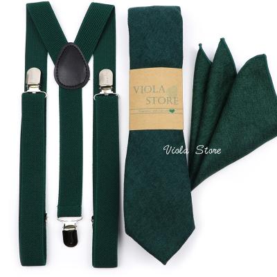 China Fashion Solid 2.5cm Suspenders Soft 7cm Elastic Cotton Corduroy Green Tie Handkerchief Set Wedding Party Brace Men Neckerchief Ties Gift Accessory for sale