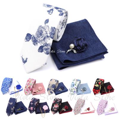 China Hot New Fashion Sole Designs Floral Cotton 6cm Tie Sets Brooch Pocket Square Men Navy Wedding Party Scarf Gift Accessory Red Pink for sale