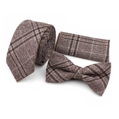 China : Nice Novelty 100% Cotton Tie Set Vintage Brown Gray Green Mens Necktie Bow Tie Handkerchief Fashion Classic Plaid Gift Accessory for sale