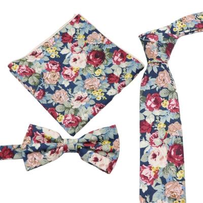 China : Fashion Vintage Floral Printed Neck Tie Set 6.5cm Cotton Canvas Men Tie Butterfly Hankie Bow Tie Handkerchief Pocket Square Wedding Party for sale