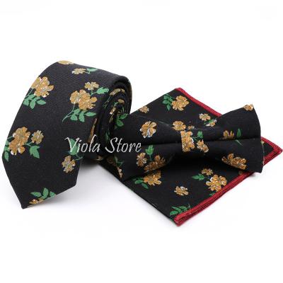 China Fashion Vintage Cartoon Birds Floral Cotton 6cm Tie Set Skinny Bowtie Pocket Square Blue Men Wedding Party Costume Scarf Gift Accessory for sale