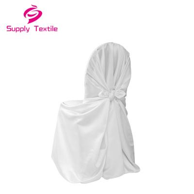 China Banquet Simple Polyester Wedding Hotel White Lamour Wrap Around Universal Self-tie Chair Cover for sale