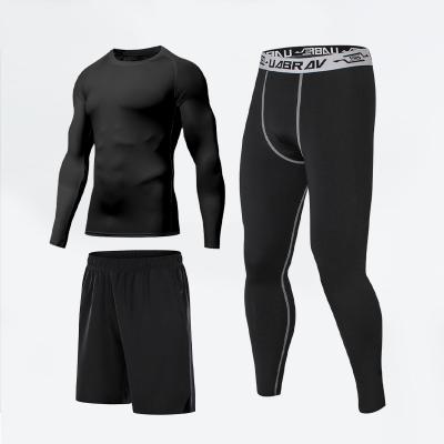 China Custom 3 Pieces Breathable Mens Tracksuits Workout Compression Gym Tights Sheath Long Shirt Running Shorts Set for sale