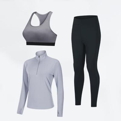 China 2021 New Fitness Gym Wear Women Breathable Custom Sport Workout Wear Tops Yoga Bra And Leggings 3 Piece Set for sale