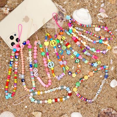 China Handmade Fruit Letter Pearl Rainbow Polymer Clay Acrylic Handmade Beads Phone Chains Lanyard Wrist Straps for sale