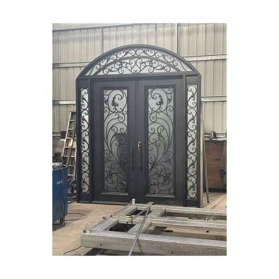 China Modern House Base Track Wrought Iron Design Iron Front Door Double Glass Security Door Glass Doors for sale