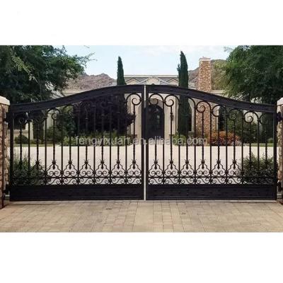 China Latest Fancy Iron Garden Gate Wrought Iron Designs Base Track Villa Metal Home Waterproof French Driveway Door Fancy Entry Gate for sale