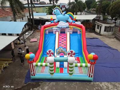 China Rainbow Horse Two Parallel Channels Inflatable Slides With Candy Shaped Pillars for sale