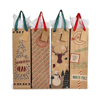 China Recyclable Custom Simple Bottle Bag Recyclable Custom Wine Oil Bottle Carrier Package Paper Gift Bag Crate Packing Portable Christmas Wine Gift Bag for sale