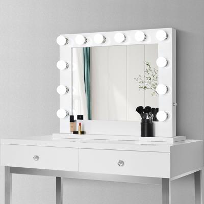 China Wood Lighted View Mirror Hollywood LED Tabletop Vanity Mirror Lighting Hollywood Lighted Mirror with LED Light for sale