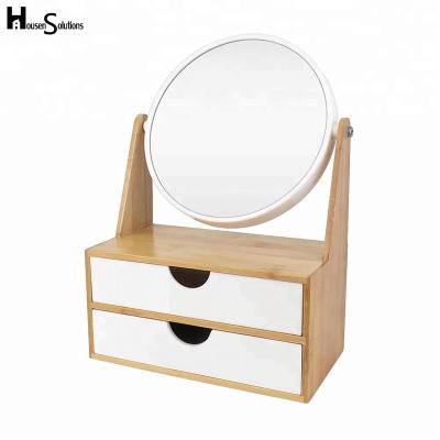 China Storage Desktop Makeup Bamboo Wooden Mirror With Jewelry Storage Box Drawer for sale