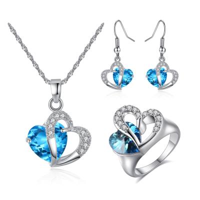 China TRENDY Elegant Blue Crystal Ocean Hook Earrings Zircon Heart Ring Double Ring Earring Necklace Set For Women for sale