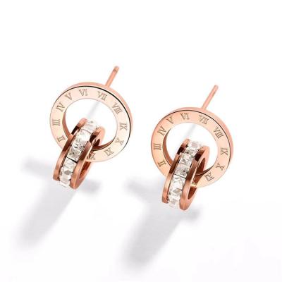 China Environmental Friendly Double Ring Roman Numeral Earrings Women Rose Gold Stainless Steel Stud Earrings Jewelry for sale