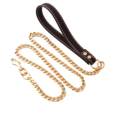 China New Golden Full NK Punk Welded Walking Dog Chain Rope Stainless Steel Traction Leather Dog Training Rope for sale