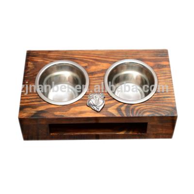 China Sustainable Custom Antique Brown Wooden Pet Feeder For Dog Cat With Two Bowls for sale