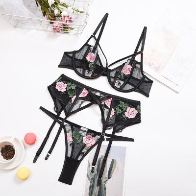 China New QUICK DRY Sling Lace Embroidered Mesh Underwear Embroidered Sex Gathering Sexy Three-Piece Set for sale