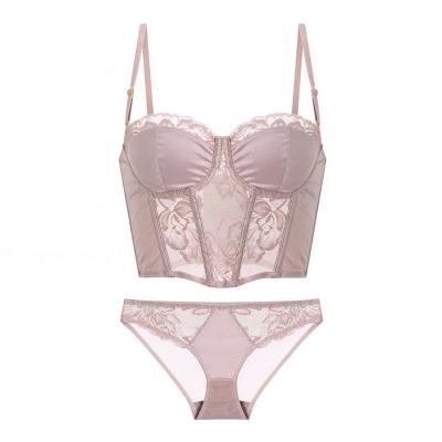 China Sexy French QUICK DRY luxury underwear vest corset underwear women narrow up small breasts chest gathered shiny lace bra set for sale