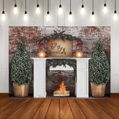 China Birthday Party Christmas Fireplace Background Photography Vintage Brick Wall Christmas Tree Decoration Party Supplies Background Pictures for sale