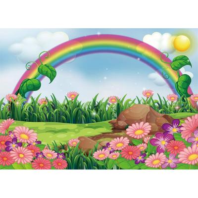 China Enchanting Birthday Party Cartoon Spring Photography Backdrop Garden With Rainbow Sun Flowers Background Children Kids Birthday Party Baby Show for sale