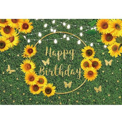 China Birthday Party Sunflower Happy Birthday Party Backdrop Girl Butterfly Green Gold Glitter Lawn Photography Background Milestone Decoration for sale