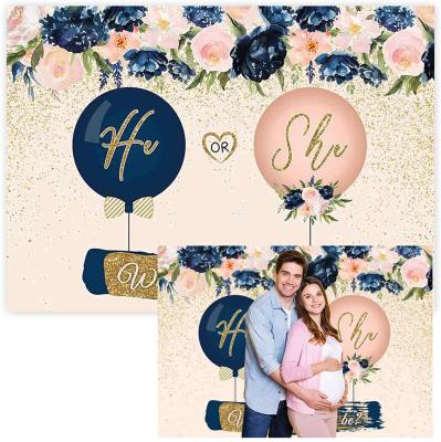 China Birthday party navy blue and blush gender display party backdrop him or her what baby be photography backdrop pregnant woman display for sale