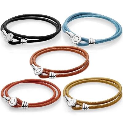 China Original Hiphop Pan Pulsera De Plata 925 Sterling Silver Blue Double Ring Leather Rose Rope Leather Buckle Couple Bracelet for sale