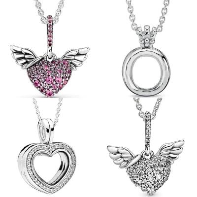 China Hiphop New 925 Sterling Silver Sparkling Heart and Angel Wings Crown O Pendant Floating Necklace For Popular Bead Charm DIY Jewelry for sale