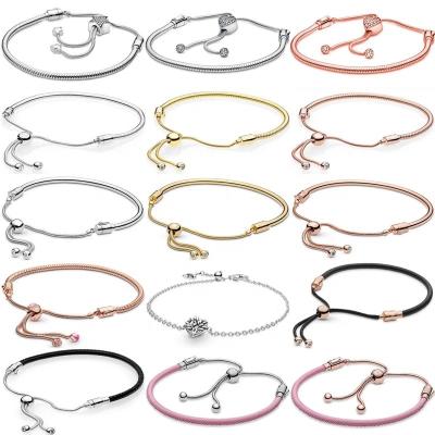 China Hiphop S925 Sterling Silver Rose Gold Leather Rope Shining Star Heart Adjustable Bracelet Suitable for Women's Fine Jewelry for sale