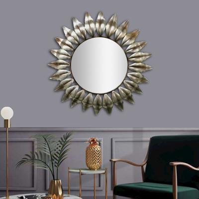 China Rustic handmade luxury round petal iron frame round petal mirror European and American country mirror decorative wall mirror for sale