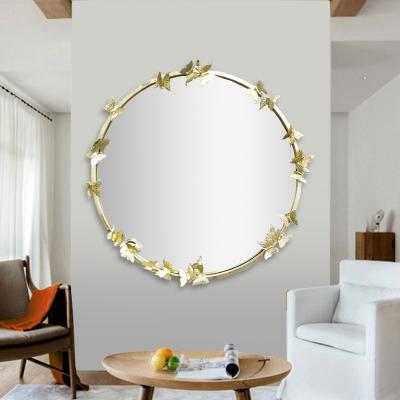 China European and American mirro Art Decor Luxurious iron decorative mirror butterfly frame handmade round mirror wall hanging wind props for sale