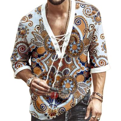 China Breathable Hot Sale Men Fashion Half Sleeve V Neck Floral Print Chest Shirt T-shirt Lace Up Top for sale