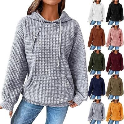 China Anti-wrinkle Autumn Winter Women Waffle Hooded Sweater Solid Color Oversized Casual Hooded Sweater With Pocket for sale