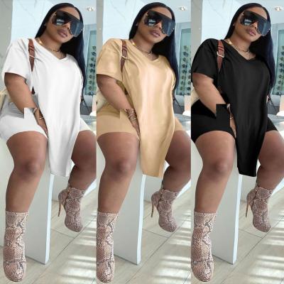 China Anti-pilling Plus Size Clothing New Design Plus Size Sets Round Neck Split Mid-length Blouse and Two-piece Shorts for sale