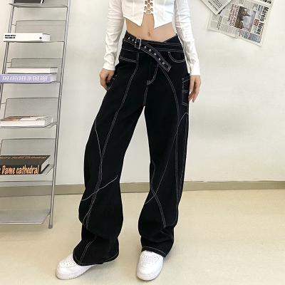 China Breathable Hot Selling Bright Line Straight Wide Leg Multi-Pocket Spliced Loose Black Denim Trousers for sale