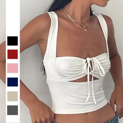 China Anti-pilling Europe America Sexy Halter Pleated Tank Tops Camisole Hollow Custom Tank Tops for sale