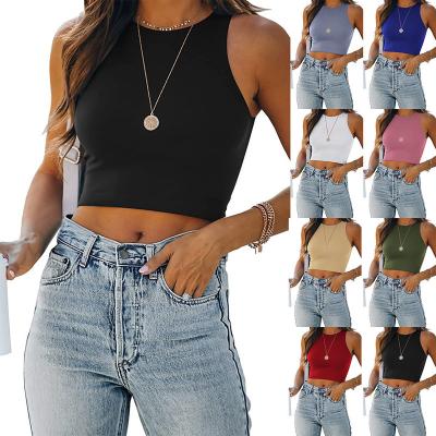 China Anti-pilling Womens Sexy Sleeveless Round Neck Crop Tops Solid Color Halter Neck Crop Tops Vest for sale