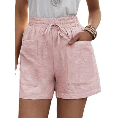 China Anti-wrinkle Summer Women Shorts Casual Wide Leg Custom Color Drawstring High Waist Linen Casual Shorts With Pocket for sale