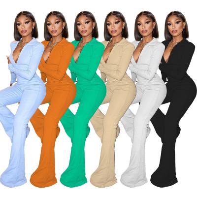 China Waterproof Wide Leg Rompers Long Sleeve One Piece Elegant Jumpsuit Fall Women Clothes Zipper Solid Color V Neck Jumpsuit for sale