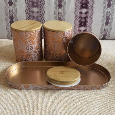 China Retro Gold 3 Round Empty Metal Tea Sugar Coffee Tin Food Grade Set With Bamboo Lid And Metal Tray for sale