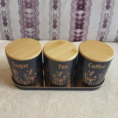 China Food Grade D105x135mm Large Luxury Round Black Coffee Sugar Tea Storage Metal Tin Can With Wooden Lid for sale