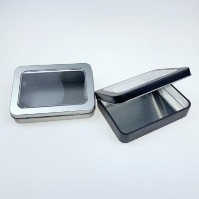 China Food Grade In Stock 115*85*22mm Silver Black Rectangle Slip / Metal Tin Box /Hinged Case / Window Lid for sale