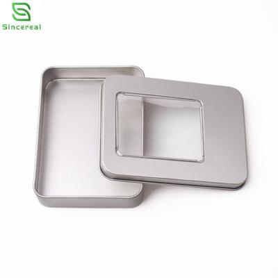 China Wholesale 115 x 85 x 22 Rectangular Silver Metal Food Grade Tin Box with Clear PVC Window for sale