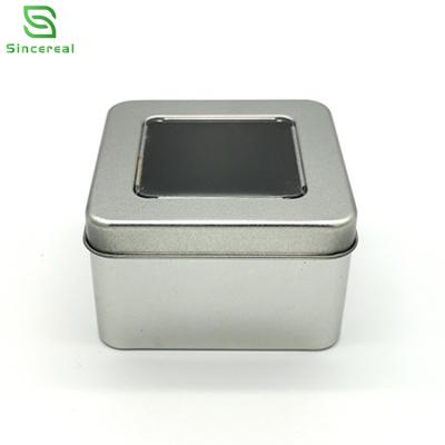 China Food Grade 4OZ Small Candle Making Square Silver Metal Tin Can With Window Lids Candy/Gift Storage for sale