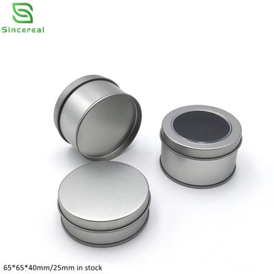 China Food Grade Small Round Silver Metal 65 x 65 x 40mm Gift Storage Tin Box with Clear PVC Window Lid for sale