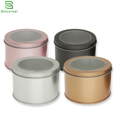 China Food Grade 90 x 90 x 60mm Silver Container Rose Gold Multi Color Metal Window Round Tin Cans For Cake for sale