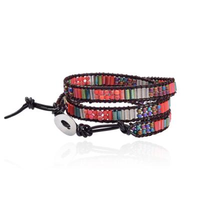 China New Arrival Hiphop Colorful Bead Jewelry Handmade Hematite Leather Wraps Bead Bracelet Adjustable for sale