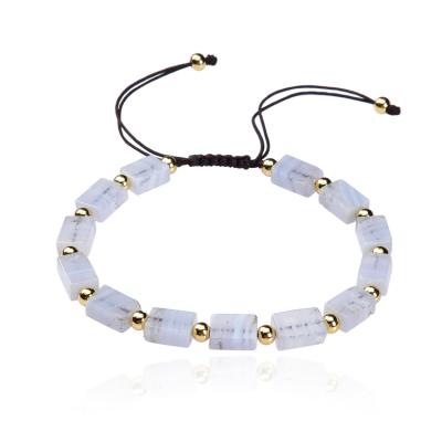 China Factory price CLASSIC natural lace agate bracelet with 4mm 16k gold copper beads adjustable macrame bracelet for sale